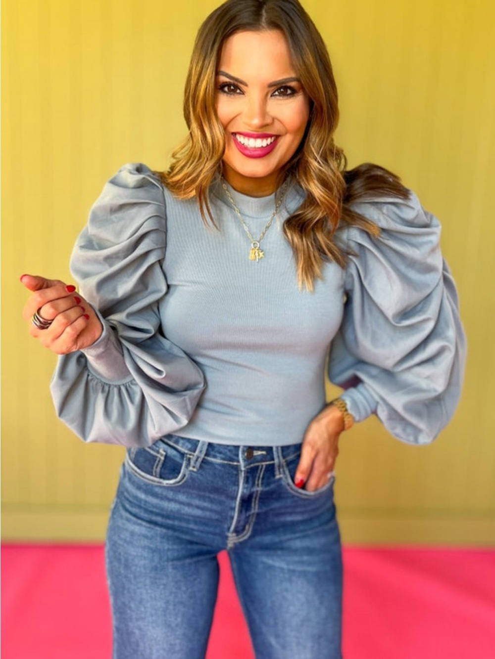 Women's Light Gray Puff-Sleeve Ribbed Top - Elegant Balloon Sleeves